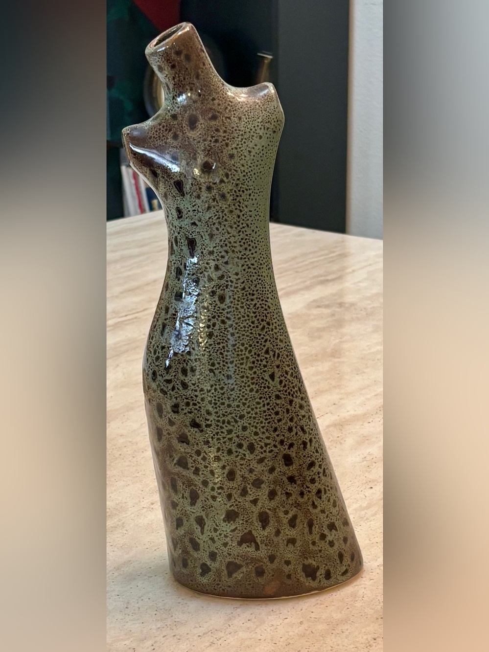 15” Tall Vintage Mid-Century Modern Pinched Ceramic Vase-Glazed Mottled Green